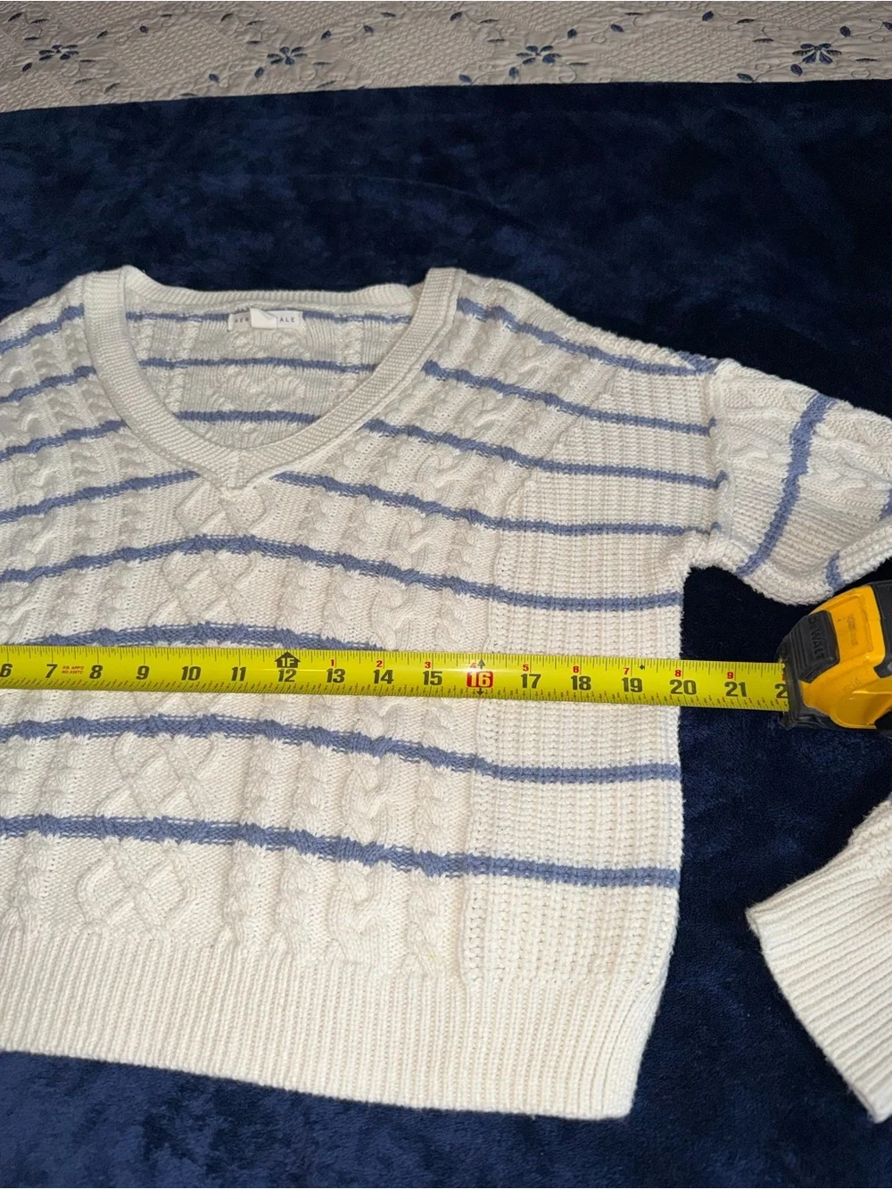 Aeropostale Cream Cable Knit V-Neck Sweater with Light Blue Stripes